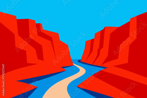 Illustration of a canyon with a river and blue sky