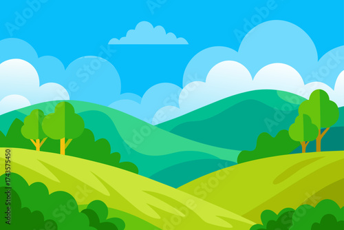 Cartoon landscape with hills trees and cloudy sky