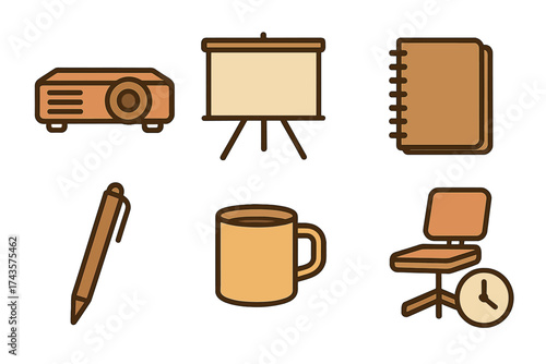 Collection of essential business meeting and office supplies icons including projector and coffee mug