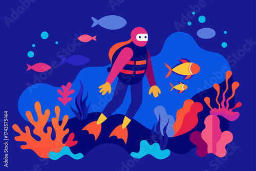 A diver explores the ocean with fish and coral reefs