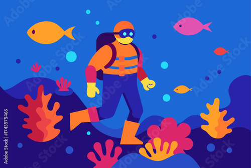 Diver exploring the ocean with fish and coral reefs