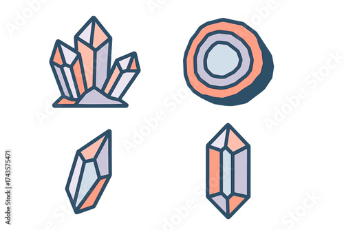 Mystical gemstone and mineral icons featuring faceted crystals and agate cross section