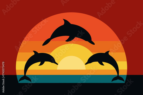 Three dolphins jumping at sunset retro illustration