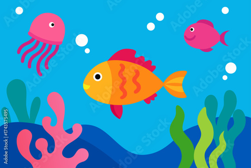 Cartoon underwater scene with fish and jellyfish art