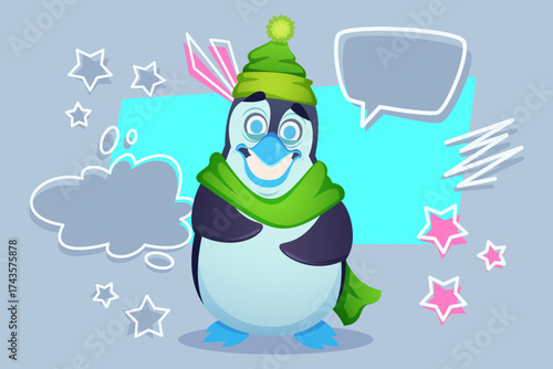 Cheerful penguin character wearing green hat and scarf standing against blue background. Penguin with inviting expression surrounded by colorful speech bubbles and stars