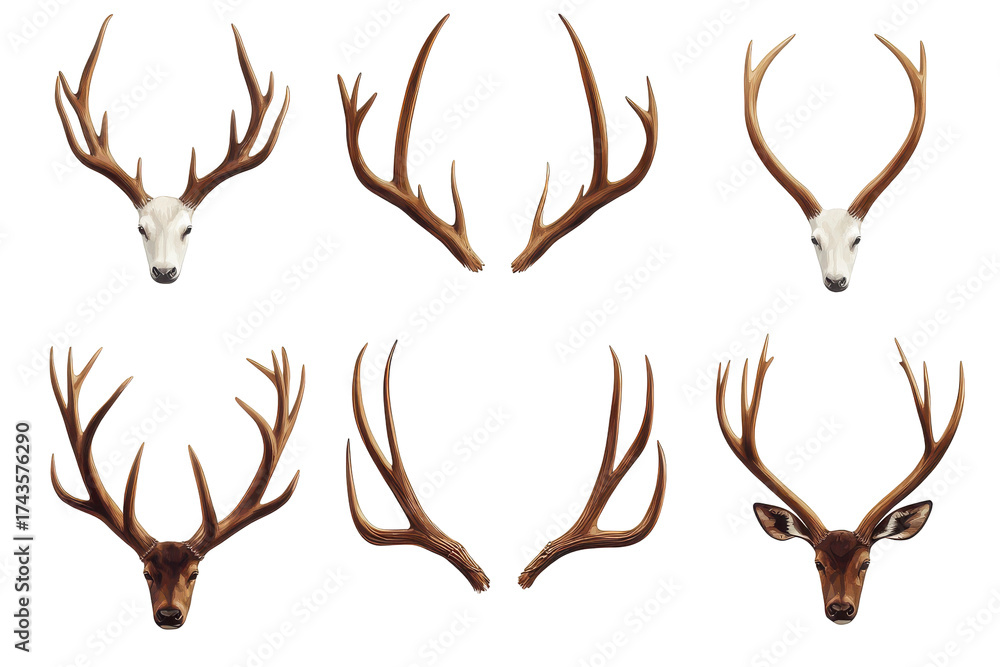 Fototapeta premium Collection of deer antlers isolated on transparent background. Set of antlers isolated on white background.