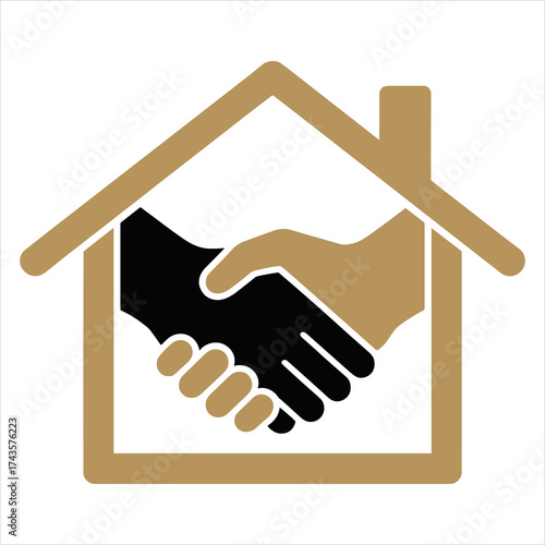 Real Estate Deal Icon, Handshake Inside House, Property Agreement Vector, Home Sale and Purchase Concept, Handshake in House, Real Estate Transaction Illustration, Property Contract and Agreement.
