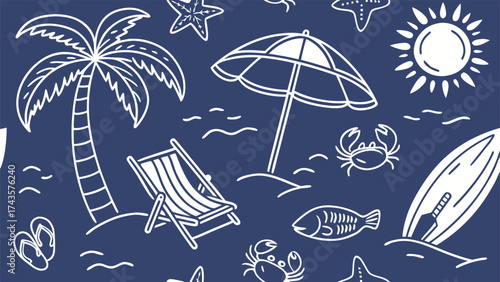 Vibrant repeating pattern of summery beach motifs with ocean waves sand and tropical elements for summer design projects