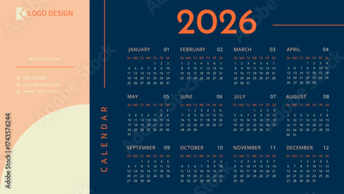 2026 year Business horizontal Calendar template with logo. Modern corporate yearly schedule week starting on sunday 