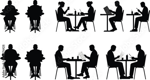 People sitting at cafe tables silhouette, restaurant communication vector, reading newspaper, drinking coffee, working laptop, casual meeting dining scene