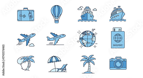 Travel and Vacation Icons Set with Luggage Hot Air Balloon Ships Airplanes Globe Passport Beach and Camera.