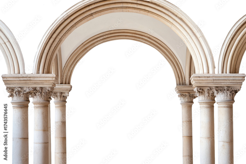 Fototapeta premium Ornate classical arches and columns isolated on transparent background. Set of classic column arches isolated on white background.