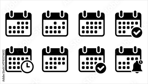 Calendar Icon Set, Scheduling and Planning Vector Illustration, Event and Reminder Symbols, Calendar with Notifications and Checkmarks Vector, Date and Time Management Icons, Calendar and Planning.