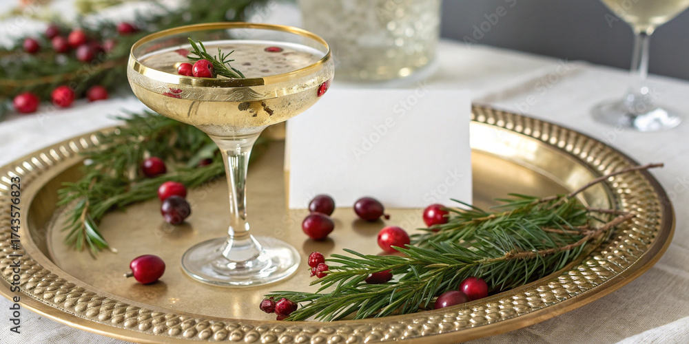 Naklejka premium Holiday cocktail with fresh rosemary and cranberries served on golden tray with decorative ornaments for Christmas or New Year celebration