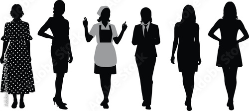 Silhouette illustration of different women in various outfits and professions, diverse female characters, lifestyle fashion, occupation concept, stylish woman vector design