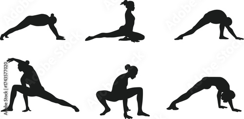 Yoga woman silhouette poses, stretching exercise positions, pilates balance workout vector illustration, fitness flexibility training, meditation health design art