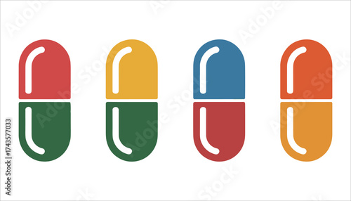 Medicine Capsule Icon Set, Colorful Pill Illustration, Pharmacy Healthcare Vector.
