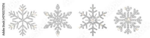 Glitter silver snowflake vector set. Decorative Christmas sparkle pattern isolated PNG