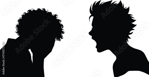 Silhouette illustration of two people arguing, one shouting and another sad, emotional conflict concept, anger management, relationship stress, communication problem design