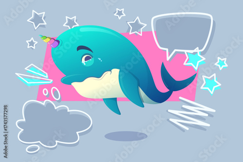 Happy narwhal swimming in playful design with unicorn horn. Surrounding elements including stars and speech bubbles, creating whimsical underwater scene suitable for all ages