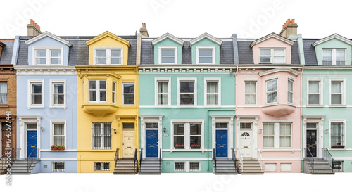 Row of colorful townhouses isolated on white background, showcasing urban architecture and vibrant city living in a historic neighborhood