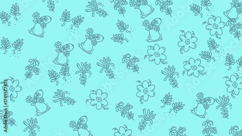 A whimsical cyan background adorned with repeating hand-drawn illustrations of mice and flowers.