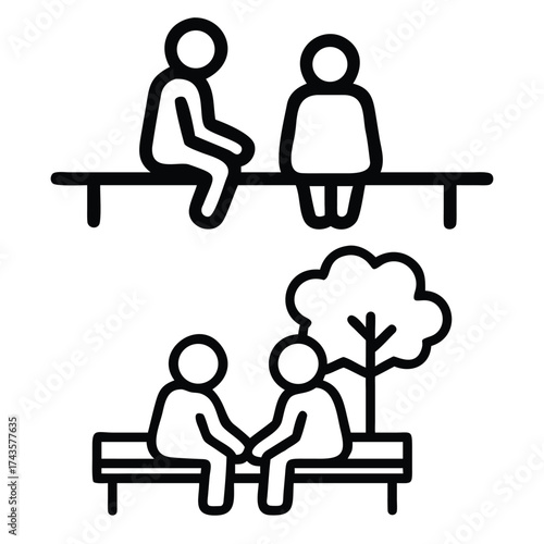 Silhouette vector icon of a couple sitting on a bench, symbolizing love and communication