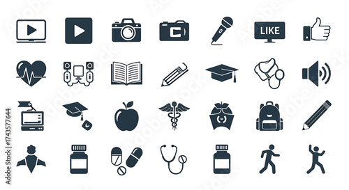 Collection of diverse icons representing various aspects of modern life and digital media.