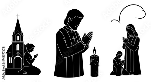 Silhouettes of people praying with religious symbols.