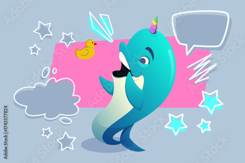 Cheerful dolphin with unicorn horn smiling and playing with rubber duck. Colorful stars and speech bubbles surrounding it creating fun, lively atmosphere