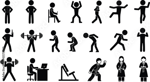 Stick figure people performing various activities, including exercise, office work, sports, fitness, and daily lifestyle actions, concept of human activity illustration