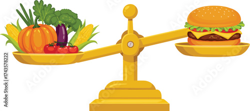 Healthy vegetables and fast food burger balance on golden scale, concept of healthy lifestyle, diet choice, nutrition comparison, and weight management