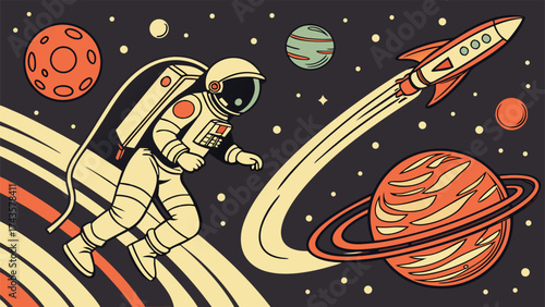 Retro science fiction comic panel illustration of a solitary astronaut exploring an alien planet with vibrant colors and bold lines