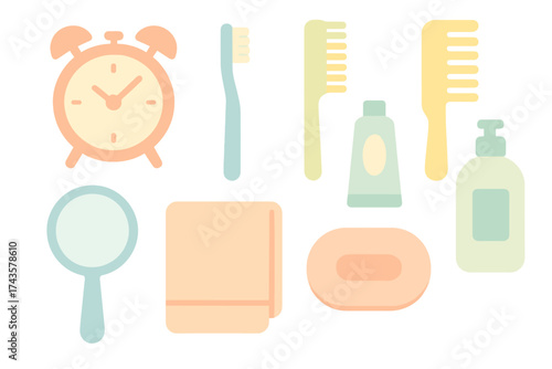Flat design assortment of personal hygiene items and morning routine objects on a white background