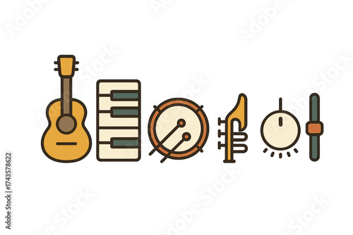 Stylized icons representing various musical instruments and sound mixing equipment