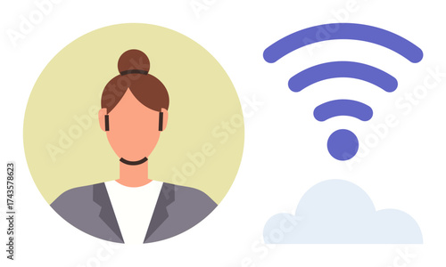 Businesswoman wearing headset for remote work next to wireless signal and cloud, emphasizing connectivity, online communication, customer support, technology, networking, modern work solutions