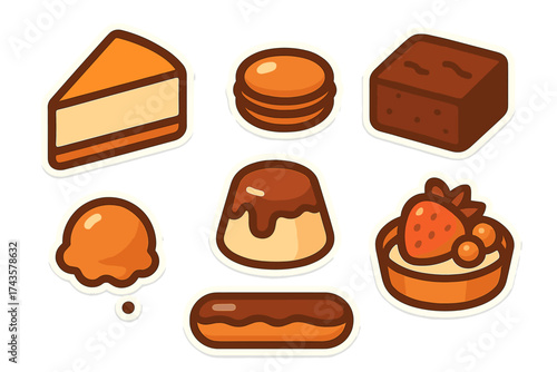 Cute stylized dessert stickers featuring cheesecake, brownie, macarons, and pudding
