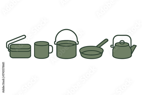 Collection of essential camping and hiking cooking equipment: pot, pan, mug, and kettle