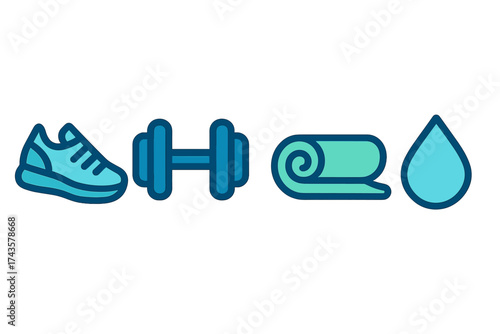 Essential fitness and wellness icons set including sneaker, dumbbell, yoga mat, and water drop symbol
