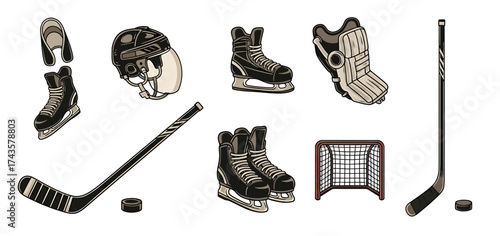 Ice Hockey Equipment Set with Skates Helmet Stick Puck and Goal.