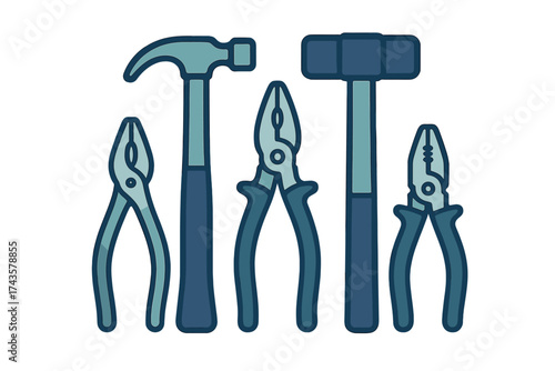Essential construction and DIY hand tools including hammers and various gripping pliers