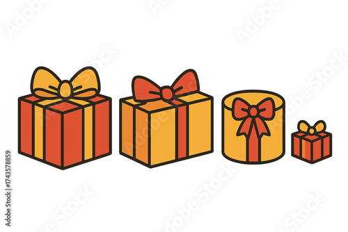 Four brightly colored gift boxes wrapped with ribbons and bows for celebration