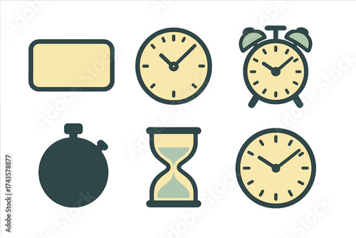 Set of essential timekeeping devices including analog clocks, alarm clock, stopwatch, and hourglass symbols