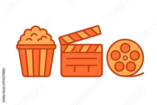 Popcorn bucket, clapperboard, and film reel symbols for cinema and movie production