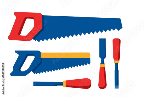 Set of essential woodworking tools including handsaws and various sharp chisels for carpentry