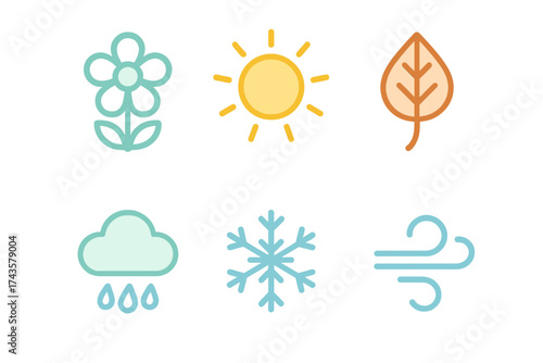 Colorful set of six icons showing seasonal changes and weather conditions like sun, flower, leaf, rain, snowflake, and wind
