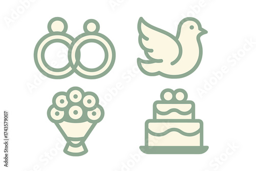 Collection of wedding symbols featuring rings, dove, bouquet, and tiered cake