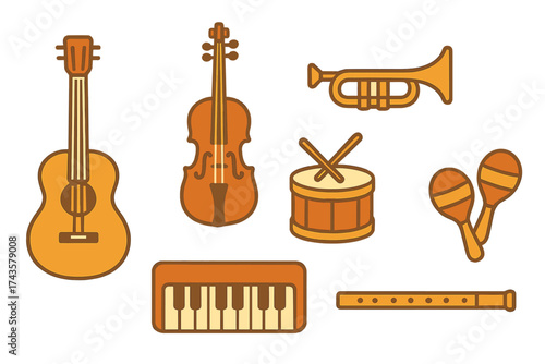 Diverse collection of musical instruments including string, brass, percussion, and keyboard types