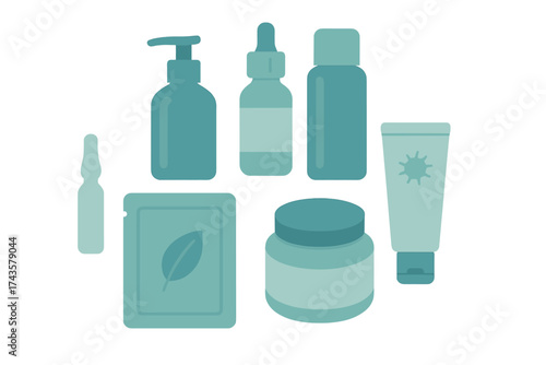 Essential skincare product containers assortment including serum, cream, lotion, and face mask packaging