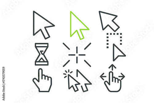 Collection of essential computer interface cursors including default arrow, hand pointer, and selection tools